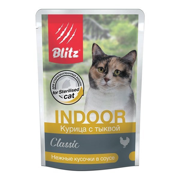 Blitz Classic Indoor Sterilised Cat Влажный корм для стерилизованных кошек нежные кусочки в соусе Курица и Тыква