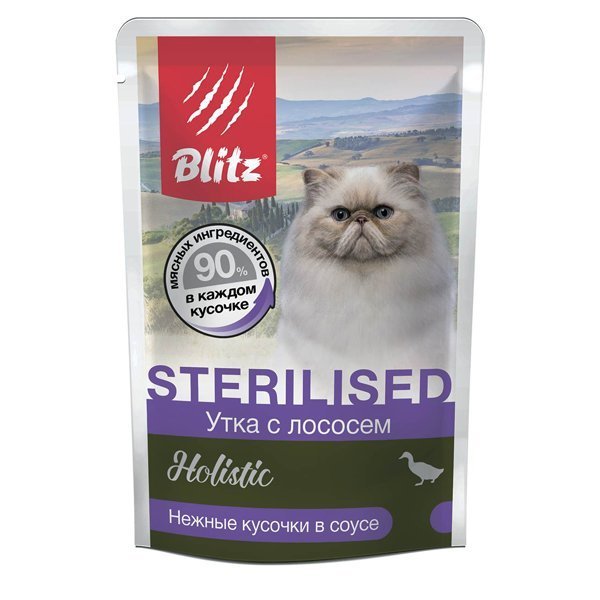 Blitz Holistic Sterilised Cat Влажный корм для стерилизованных кошек нежные кусочки в соусе Утка и Лосось