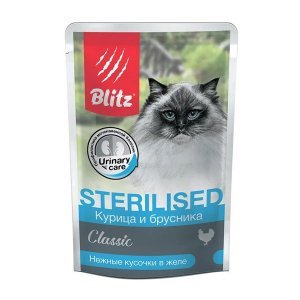 Blitz Classic Sterilised Cat Влажный корм для стерилизованных кошек нежные кусочки в желе Курица и Брусника