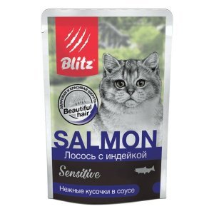 Blitz Sensitive Adult Cat Влажный корм для кошек с чувствительным пищеварением нежные кусочки в соусе Лосось и Индейка