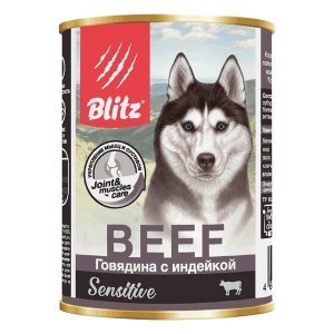 Blitz Sensitive Adult Dog Влажный корм для собак с чувствительным пищеварением паштет Говядина и Индейка